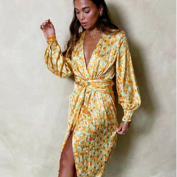 Never Fully Dressed Satin Wrap Vienna Midi Dress In Pastel Gold Mix Size US 8 - Picture 12 of 13